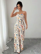 Elenzga Women's Elegant Flower Print Sleeveless Wide Leg Jumpsuit With Plunge Neckline, Spring/Summer